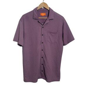 Negative Space Textured Button Up Shirt Men M Purple Short Sleeve Stretch Casual